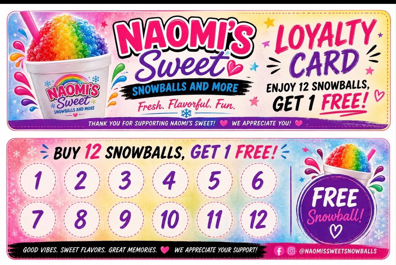 Naomi's Sweet Snowballs loyalty card — front and back